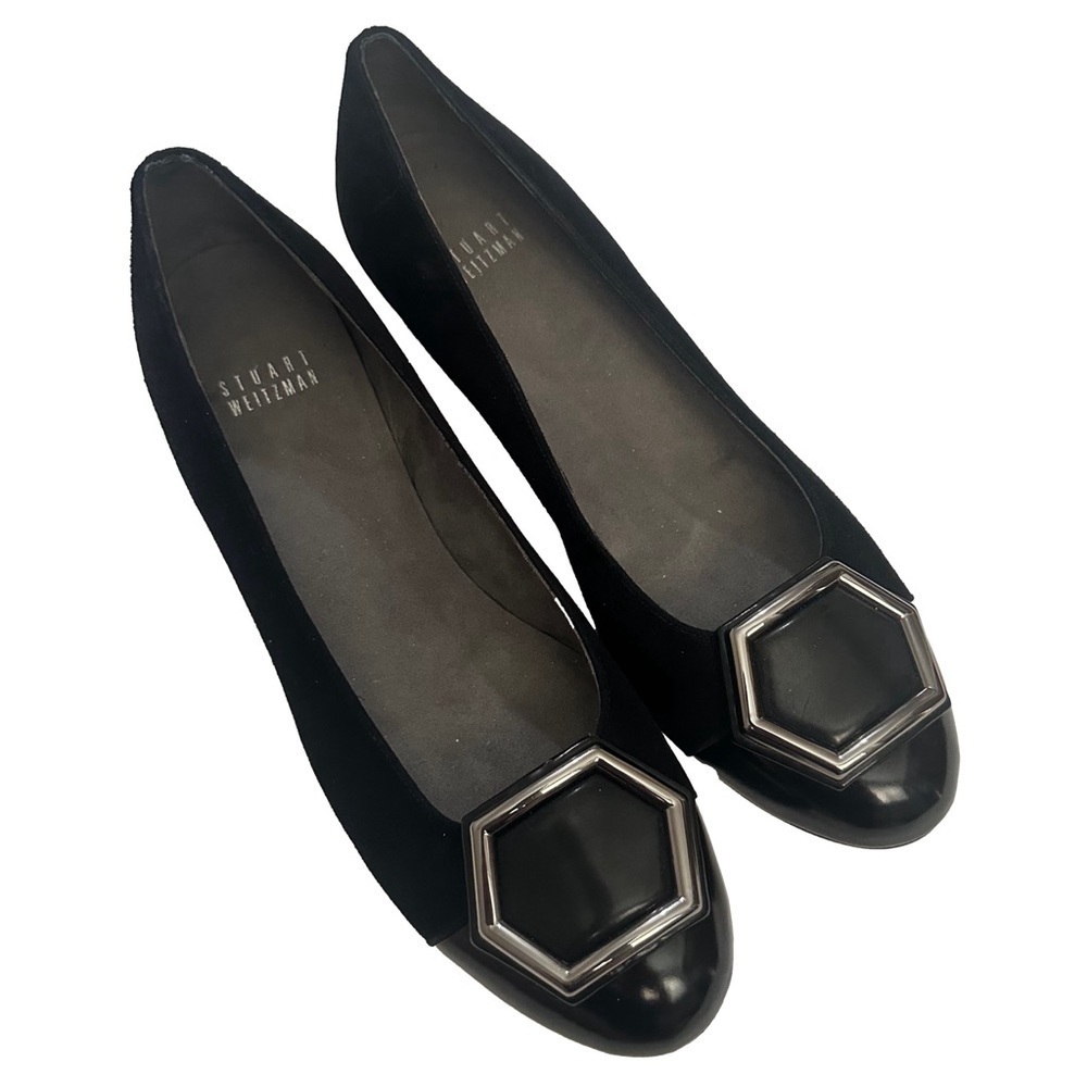 Stuart Weitzman Black Suede Hexus Wedge Flats with Geometric Silver Detail 8 M